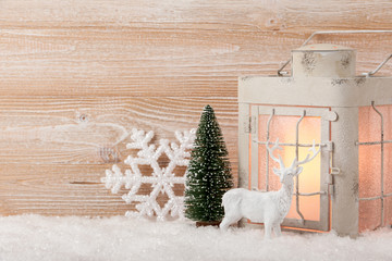 Christmas background with decoration and candle lantern