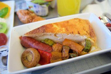 GREECE - OCTOBER 15th, 2016: greek Business Class meal in a plane, breakfast.