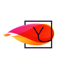 Y letter logo in square frame at fire flame background.