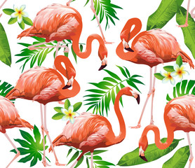 Obraz premium Flamingo Bird and Tropical Flowers Background - Seamless pattern vector 