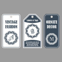 Eastern decor with monograms. Vintage set of ornamental tags. Template labels for cards.