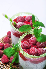 Raspberry dairy smoothie with mint and chia