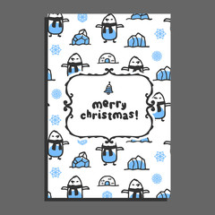 Naklejka premium Merry christmas greeting card template with cute cartoon penguin. Vector doodle icebergs, igloo. Arctic bird wears scarf
