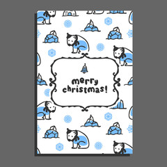 Merry christmas greeting card template with cute cartoon polar bear. Vector doodle icebergs. Arctic animal wears scarf