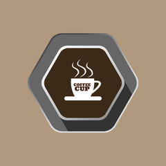 Cup of coffee silhouette vector icon with shadow on the hexagon brown background.