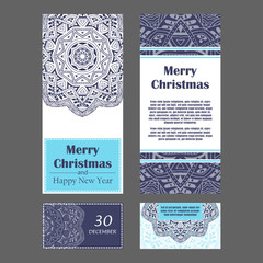 Christmas invitation cards for your design. Retro hand-drawn card with mandala. Vintage background with place for text.