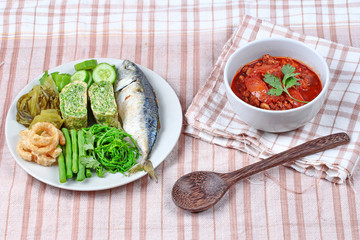 Spicy meat and tomato dip,Nam Prik Ong,with side dish