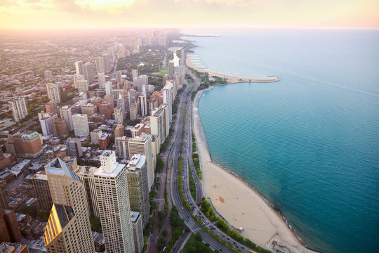 Chicago Lake Shore Drive scenic aerial view at sunset