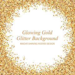 Bright glowing metallic texture. Glamour shining gold glitter round frame with sparkles for Christmas design.