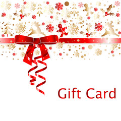 Elegant gift card with red ribbon bow and winter elements