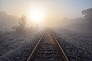 Fototapeta na wymiar Scenic view of railway going straight ahead to rising sun