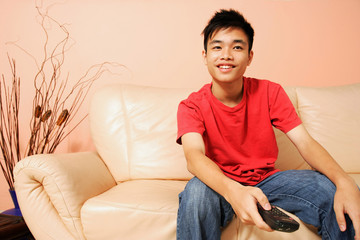 Teenage boy sitting on sofa, holding remote control