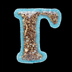 Fototapeta premium Letter of the alphabet made of cyanic felt isolated on black background. Cyrillic (Russian) alphabet set. Font for children with educational pictures