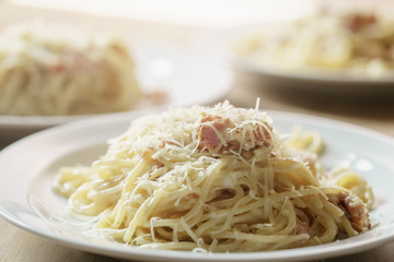 fresh homemade spaghetti carbonara with smoked bacon