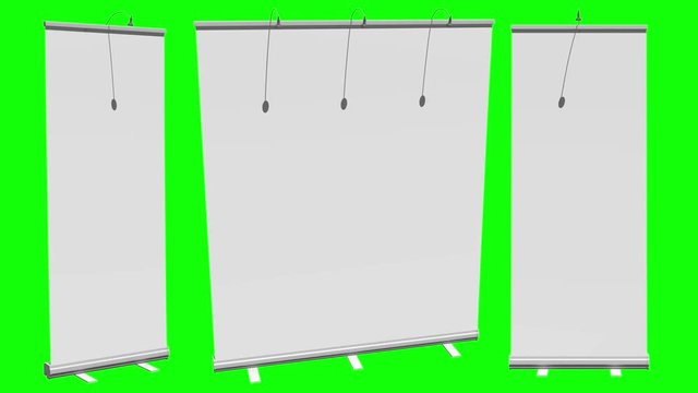 Blank Roll Up Banner Stands with different angle and width. Trade show booth white and blank. 3d motion graphic on green screen chroma key background. Available in 4K FullHD video render footage.