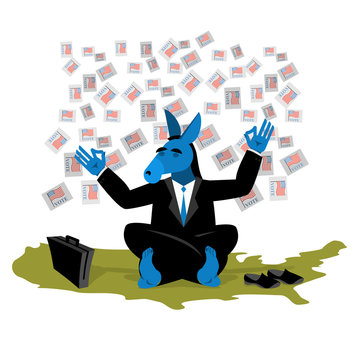 Blue Donkey Democrat meditates to vote in elections on USA map.