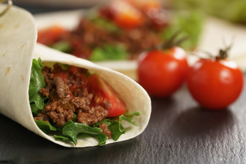 homemade tortilla with beef, frillice and vegetables