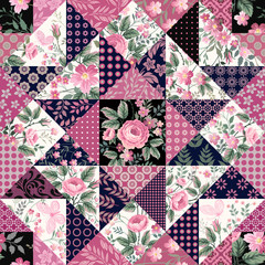 seamless floral patchwork pattern with roses and butterflies - obrazy, fototapety, plakaty