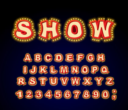 Show font. Glowing lamp letters. Retro Alphabet with lamps. Vint