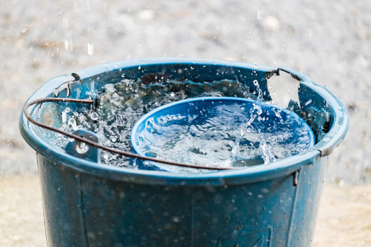 pail water dipper blue old rain water reserve