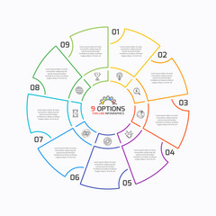 Thin line pie chart infographic template with 9 options. 