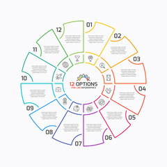 Thin line pie chart infographic template with 12 options. 