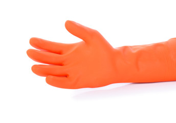 Hand with orange rubber glove isolated on white background