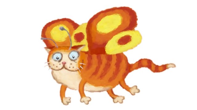 Fairy orange cat with butterfly wings flight. Funny cartoon character 2D animation. Cheerful furry and cute pet. Looped video clip on a white background with noise effect. Black and white mask.
