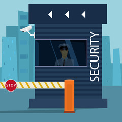 Border Passport Control or Security Checkpoint with a Boom Barrier Gate. Traffic police man sitting in sentry box with video surveillance. Cartoon flat style © ariadnas
