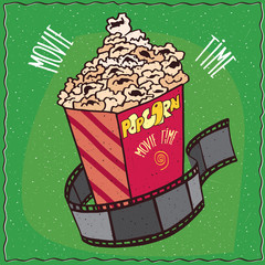 Bright cardboard box with heap of popcorn and reel of film. Cinema concept. Green background and lettering Movie time. Handmade cartoon style