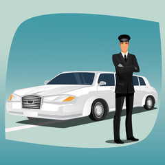 Chauffeur, driver of luxury car, such as limousine or lincoln, standing, dressed in black suit or tuxedo, dress shirt, tie, black leather gloves and hat - obrazy, fototapety, plakaty