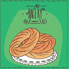 Classic French dessert made of choux pastry and praline flavoured cream, known as Paris-Brest. Green background and lettering Bakery. Handmade cartoon style