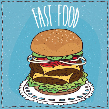 Double cheeseburger with cucumber, onion, tomato, cheese, steak and lettuce, lie on a lacy napkin. Blue background and lettering Fast food. Handmade cartoon style