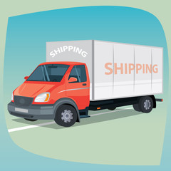 Isolated, detailed images of three-dimensional box truck, closed body car, the main device of freight carriers in cartoon style. Side front view