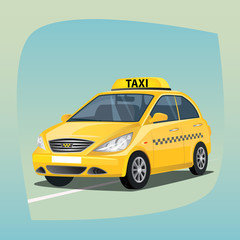 Isolated, detailed images of three-dimensional taxicab, yellow car with luminous taxi top sign, the main device of taxi drivers in cartoon style. Side front view