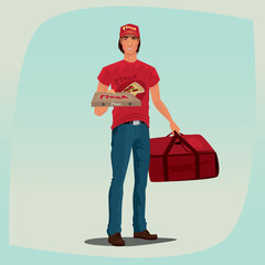 Young man standing in red branded clothes with logo and inscription. In one hand holding pizza box, in other holding courier bag. Food delivery concept