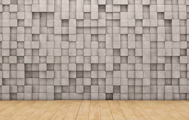 Wall of concrete cubes and wooden floor. 3D rendering