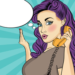 Pop art woman with retro phone