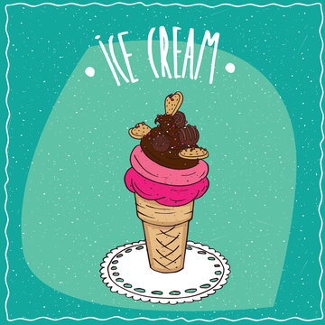 Great waffle cone with fruit and chocolate ice cream, cookies and colored sprinkles, is on the lacy napkin. Cyan background. Handmade cartoon style