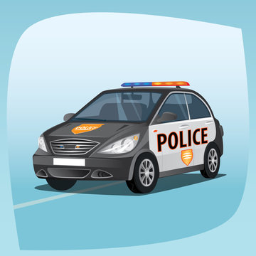 Isolated, detailed three-dimensional image of patrol car, vehicle with emergency lights system, the main device of police officers, in cartoon style. Side front view