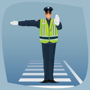 Traffic cop, officer of traffic police, in form of policeman, with high visibility clothing, standing at crossroads and made sign with his hands. Cartoon style