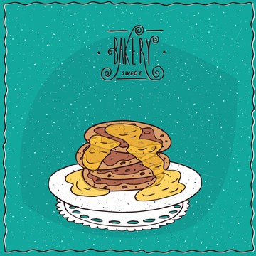 Stack of pancakes with honey, lie on lacy napkin. Cyan background and ornate lettering bakery. Handmade cartoon style