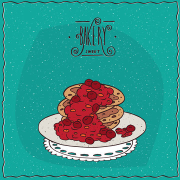 Stack of pancakes with red berries, cherry or currant, lie on lacy napkin. Cyan background and ornate lettering bakery. Handmade cartoon style