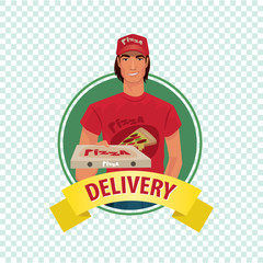 Isolate round icon on white background with courier, young man, standing in branded clothes and holding out pizza boxes. Food delivery concept