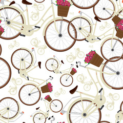 Seamless pattern with detailed city bicycles with a basket on the handlebars. White background