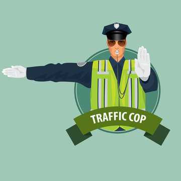 Isolate Round Icon On Green Background With Traffic Cop, Officer Of Traffic Police, In Form Of Policeman, With High Visibility Clothing, Made Sign With His Hands