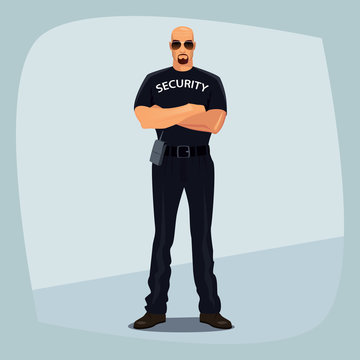 Security guard, bald man of strong physique in black uniform of security services, stands confidently, arms crossed on his chest. Safety concept. Cartoon style
