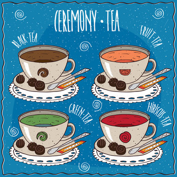 Fototapeta Set of cups with different tea with the names, black, fruit, green, hibiscus, on a lacy napkin. Blue background and lettering Ceremony tea. Handmade cartoon style