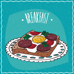Delicious colorful Toast with Egg, Tomato and Sausage, in cartoon style on blue background. Hand Draw Lettering Breakfast.
