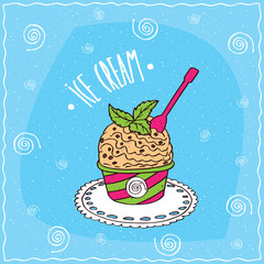 Vanilla scoop of ice cream with mint leaves in a paper colorful cup with a pink spoon, lie on a lacy napkin. Blue background. Handmade cartoon style